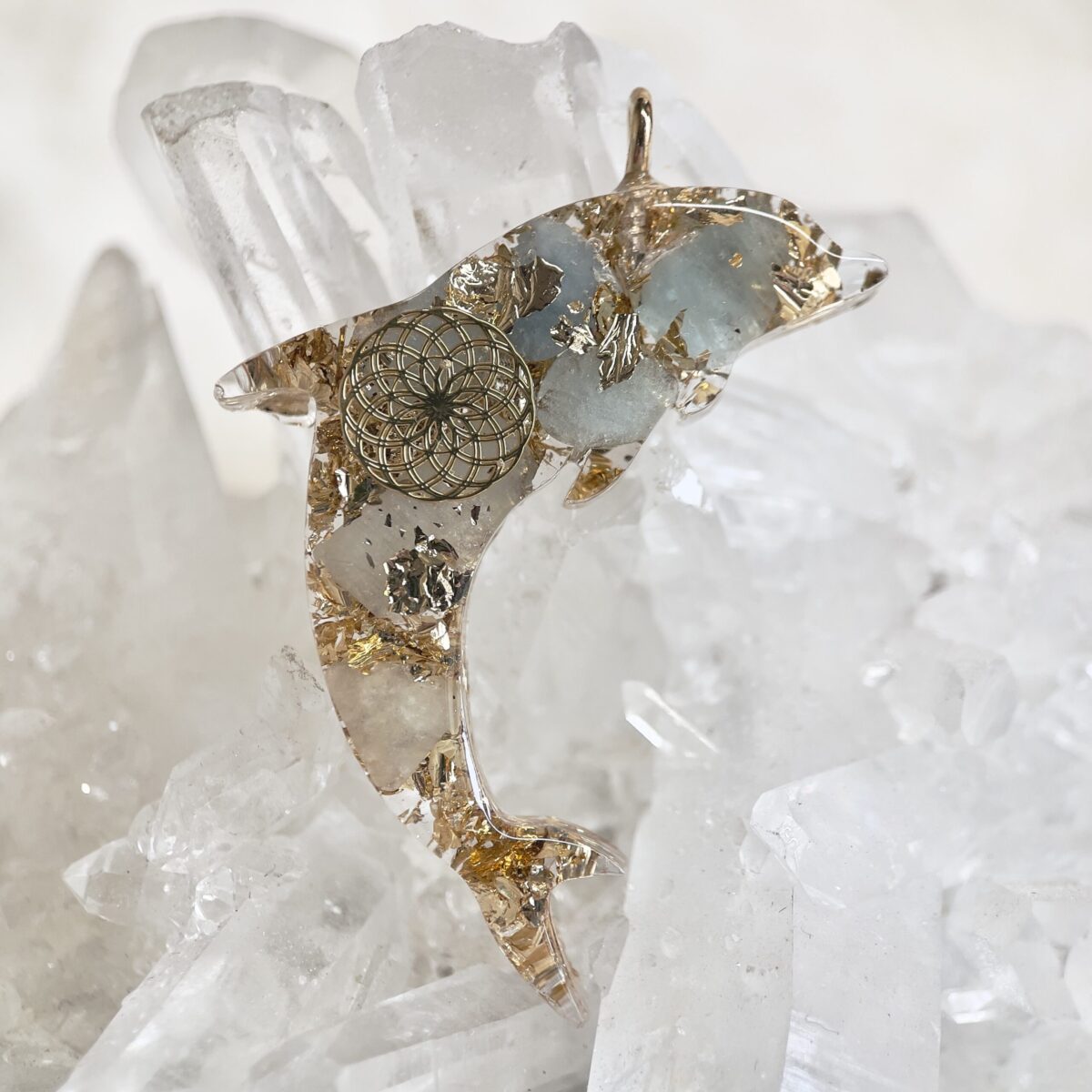 海藍寶 生命種子圖騰 海豚高頻奧根能量吊墜/鎖匙扣 Orgonite