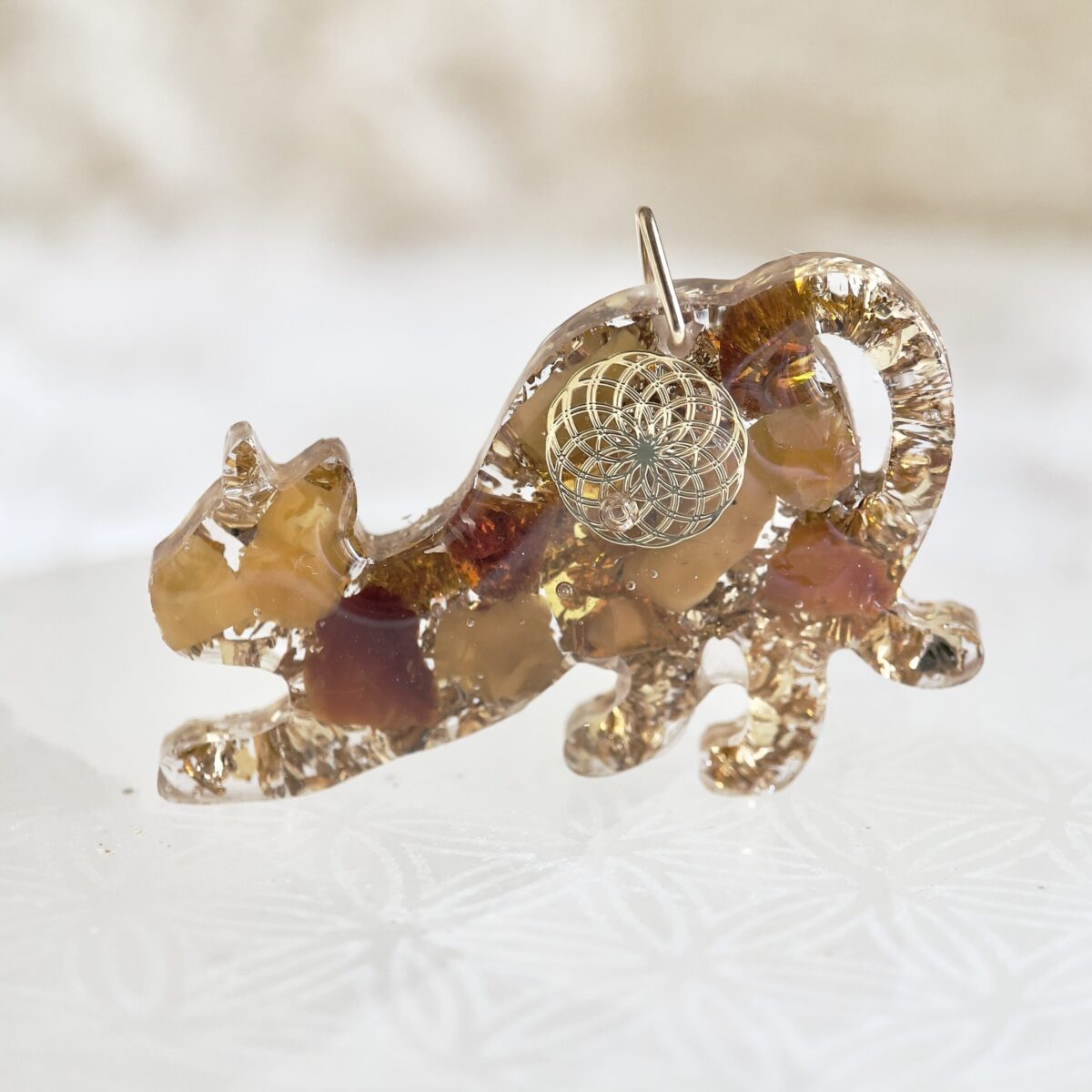 琥珀 生命種子圖騰 貓咪高頻奧根能量吊墜/鎖匙扣 Orgonite