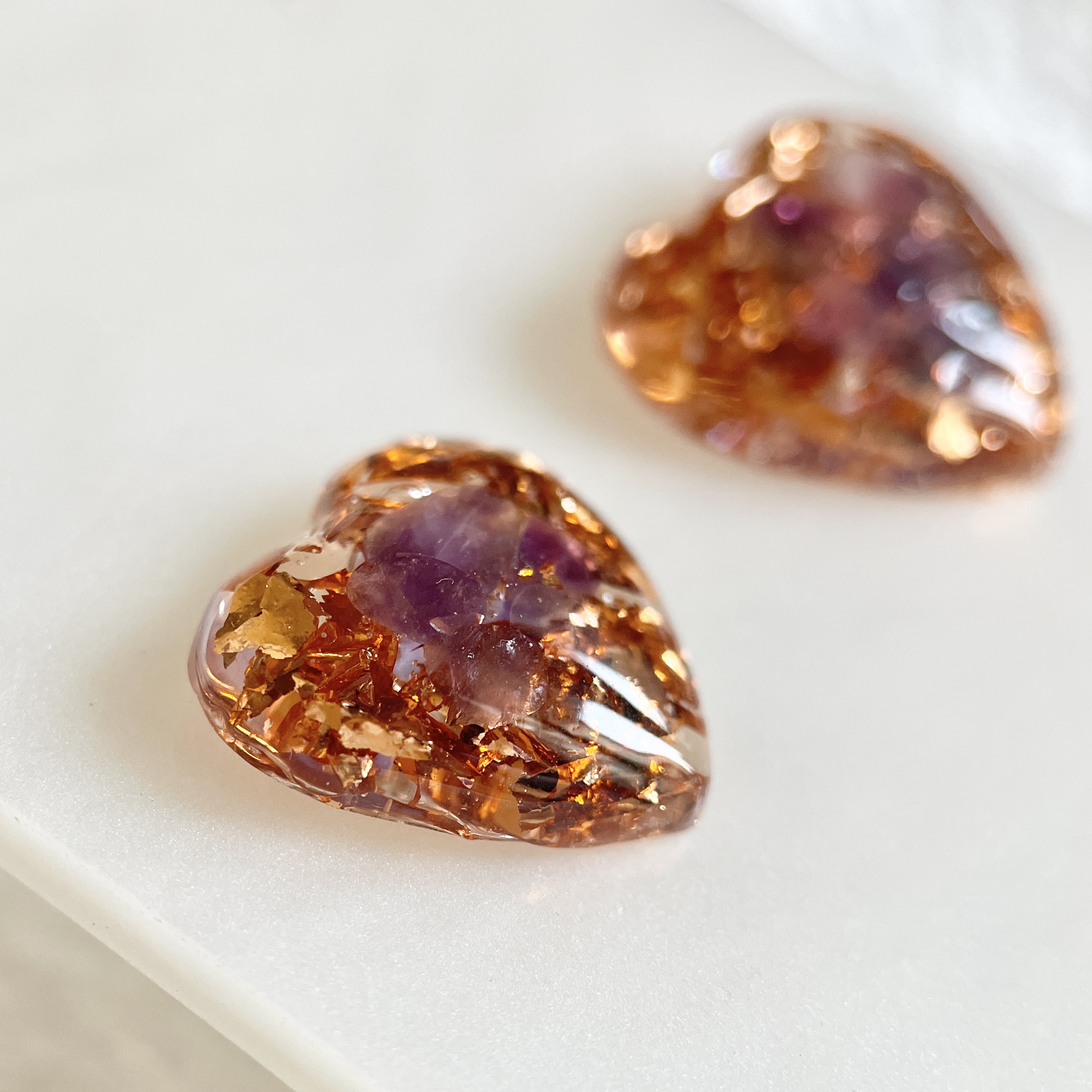 紫水晶心形高頻奧根能量玫瑰金耳環 Orgonite - Image 4