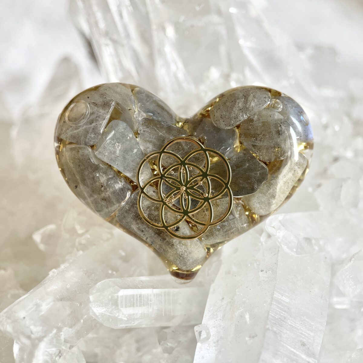 拉長石 生命種子圖騰 心形高頻奧根能量吊墜/鎖匙扣 Orgonite