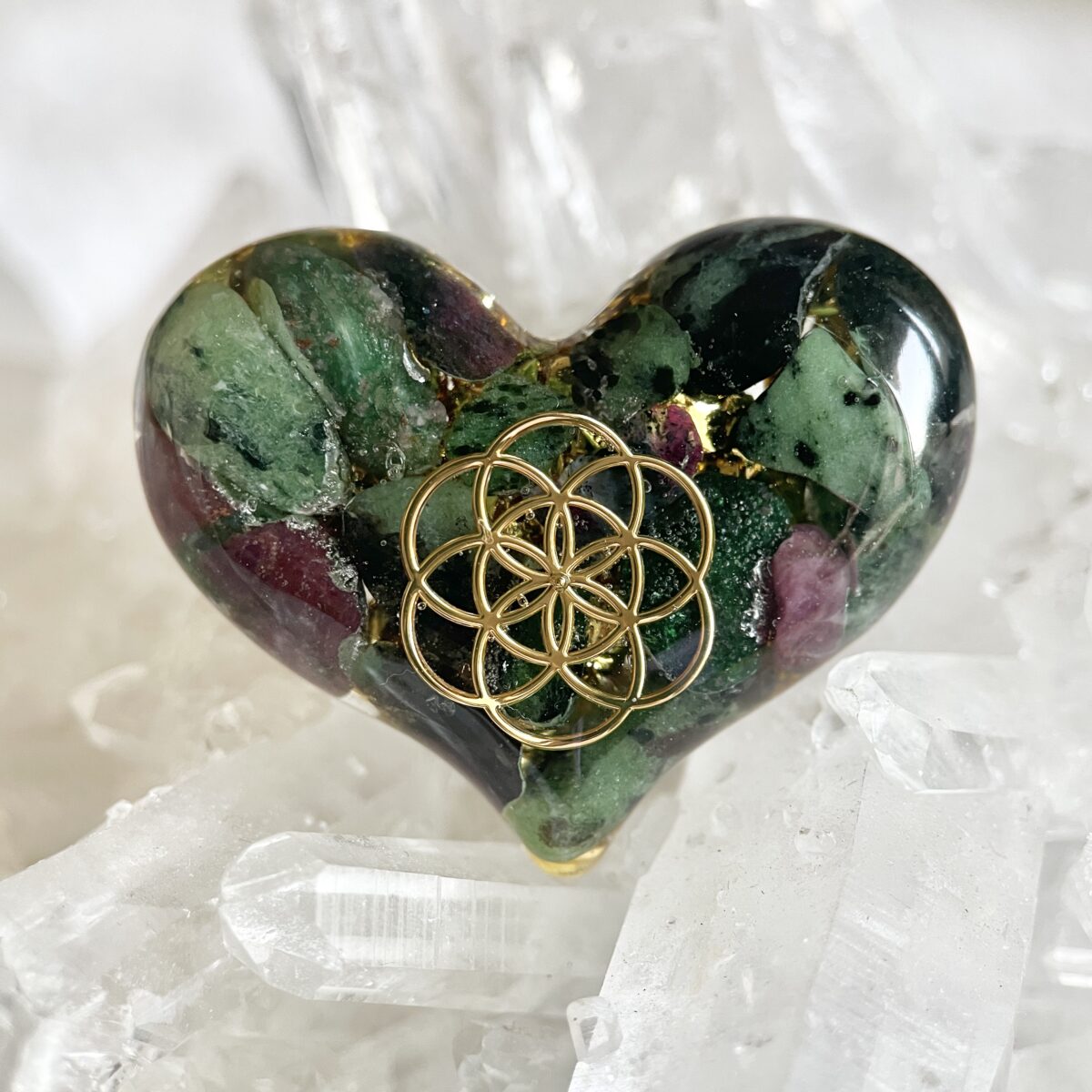 紅綠寶 生命種子圖騰 心形高頻奧根能量吊墜/鎖匙扣 Orgonite