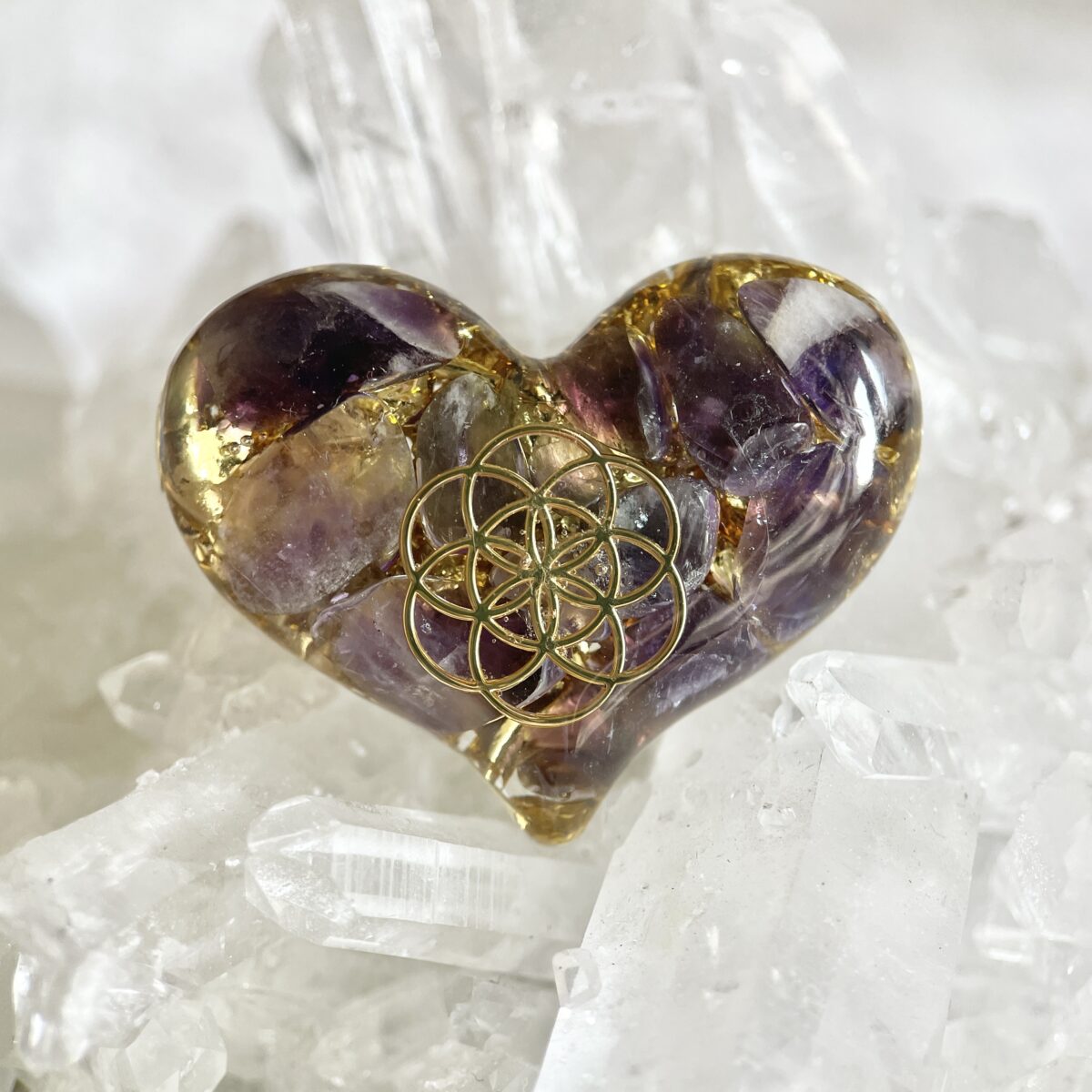 紫水晶 生命種子圖騰 心形高頻奧根能量吊墜/鎖匙扣 Orgonite