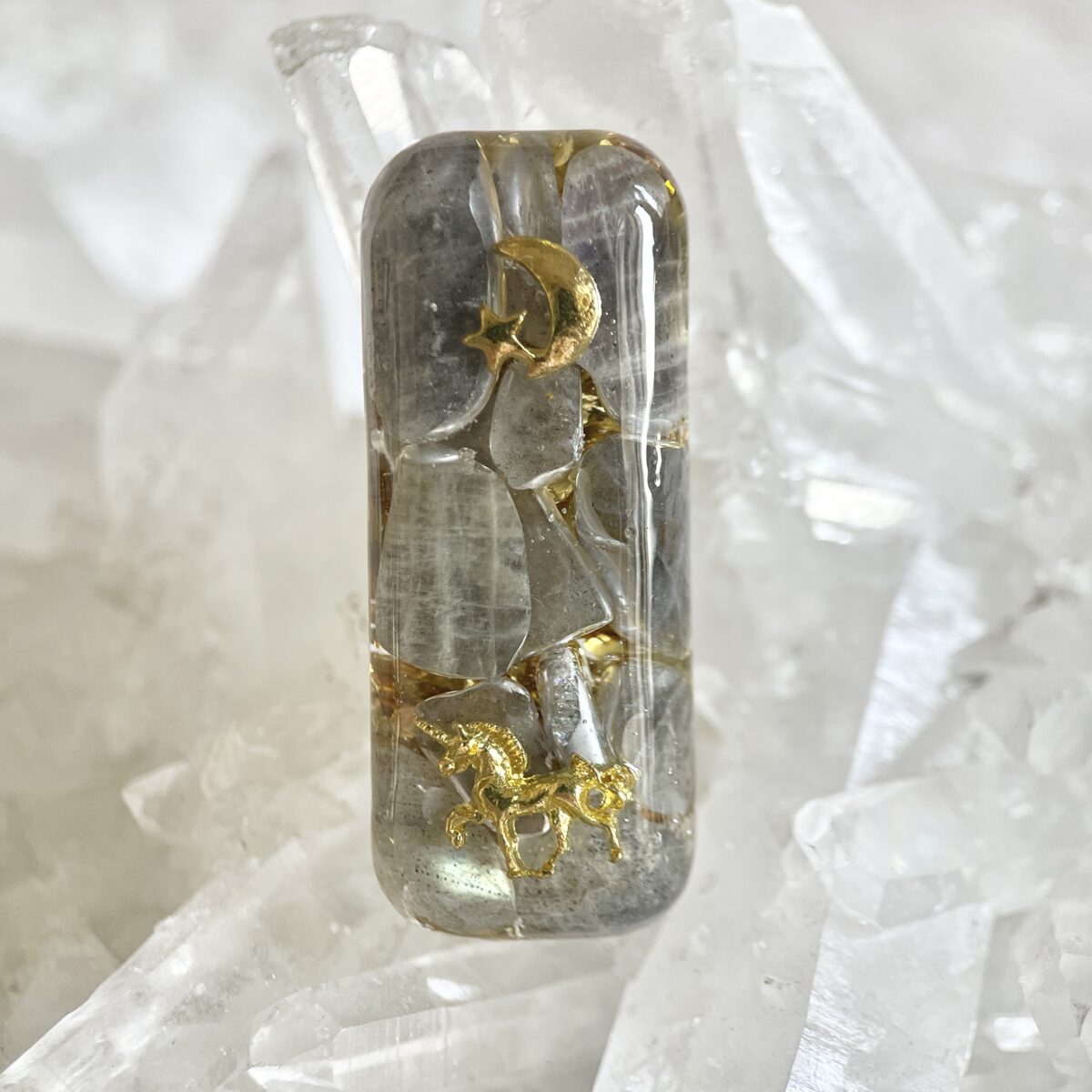 拉長石 星月獨角獸 生命種子圖騰 長形高頻奧根能量吊墜/鎖匙扣 Orgonite