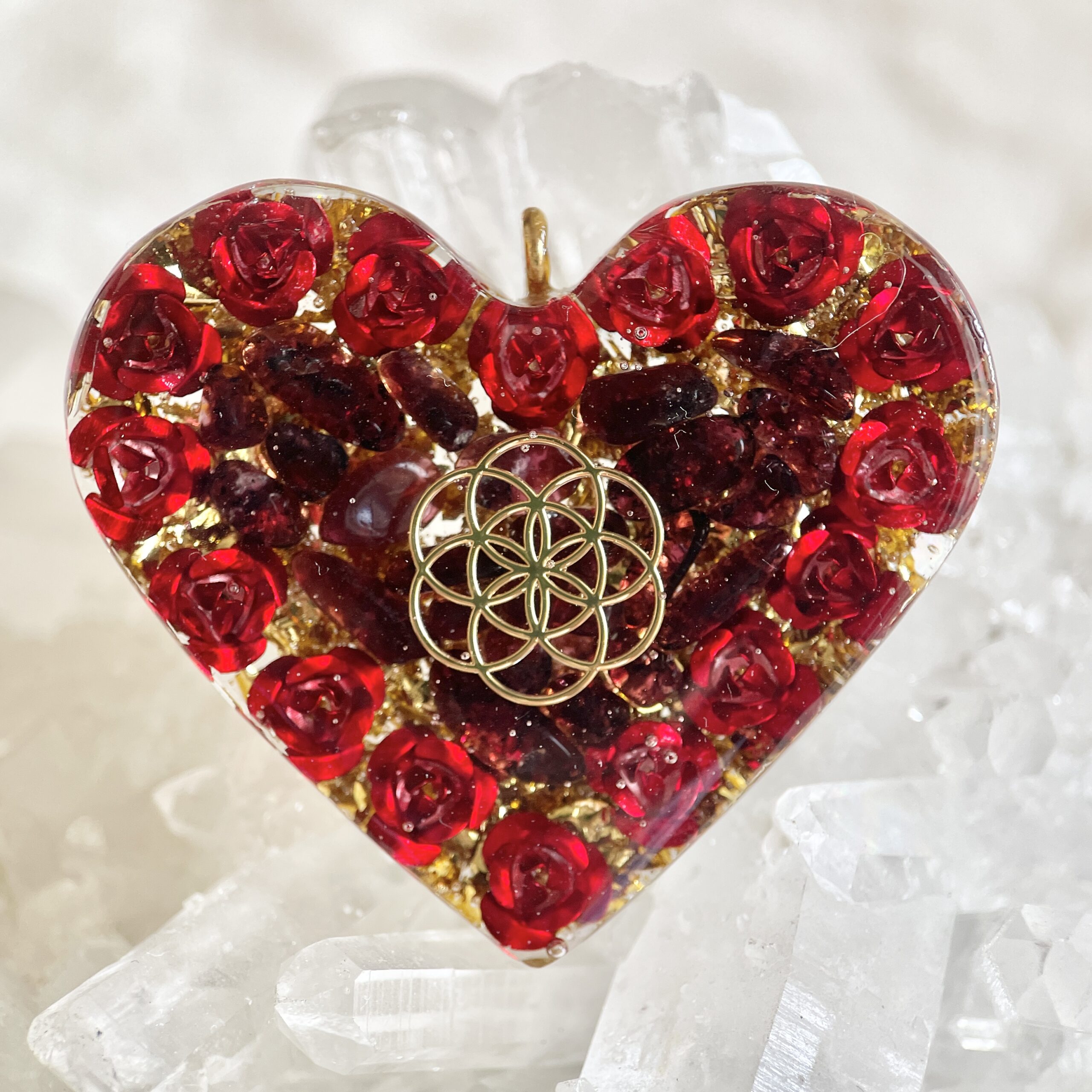 石榴石 生命種子圖騰 玫瑰花心形高頻奧根能量吊墜/鎖匙扣 Orgonite - Image 4
