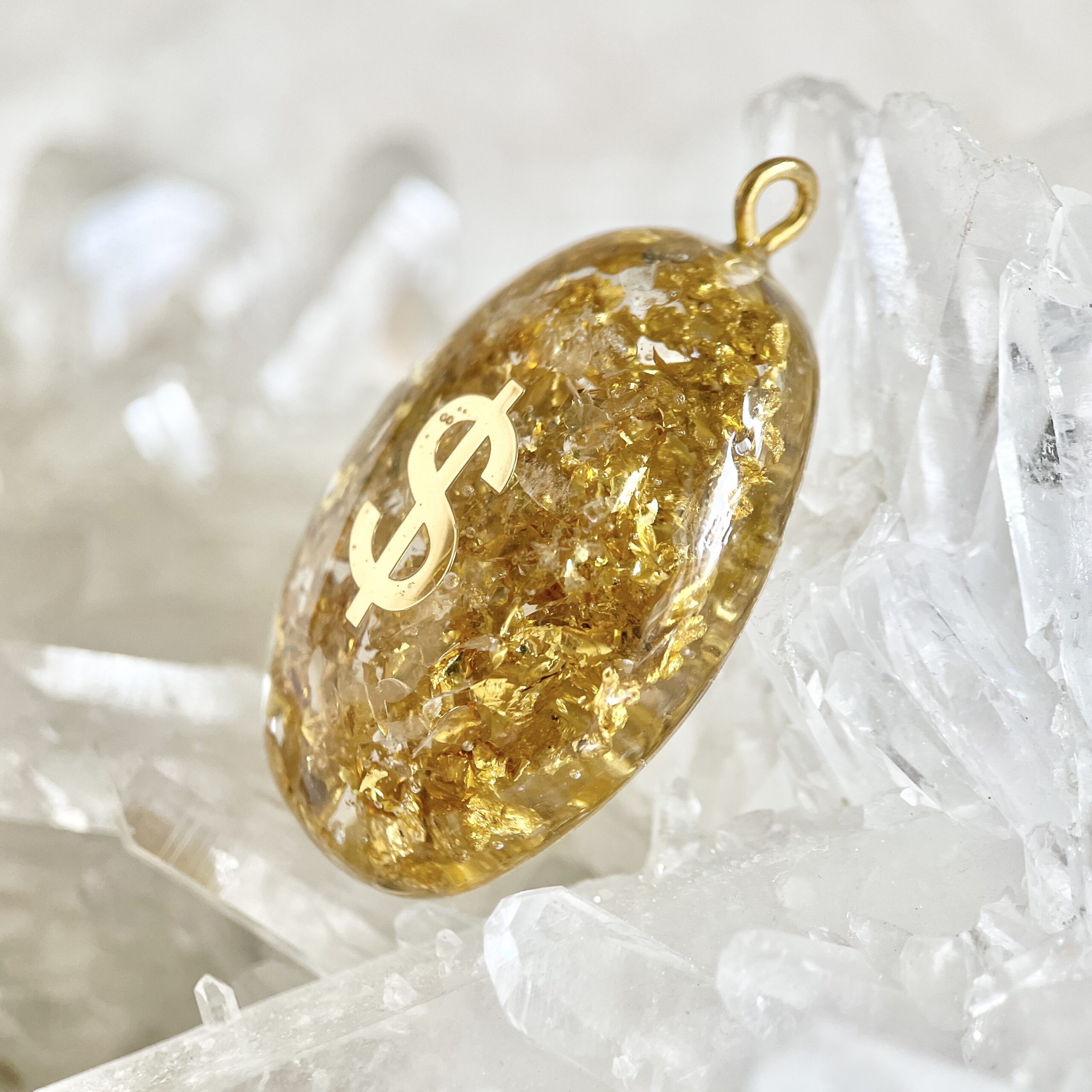 招財系列 - 黃水晶金錢符號高頻奧根能量吊墜/鎖匙扣 Orgonite - Image 2